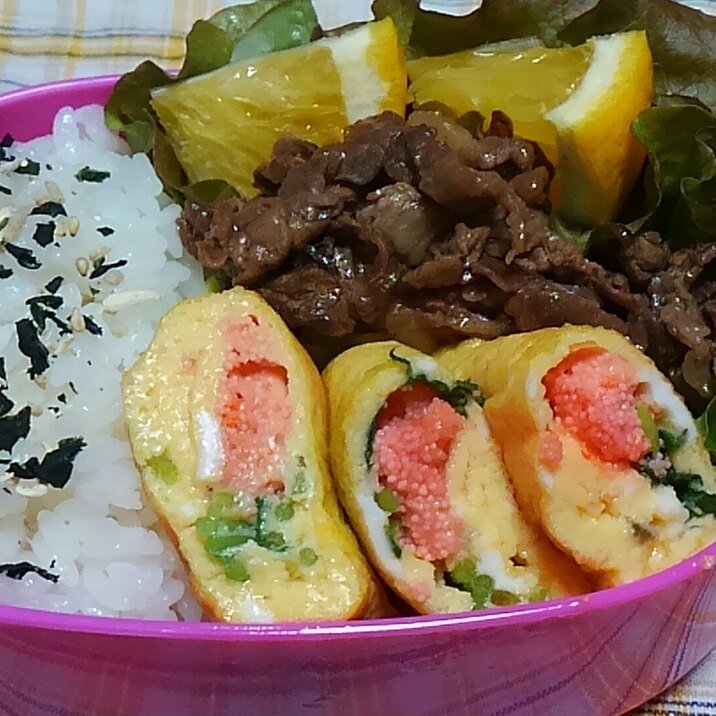 お弁当のおかずに☆明太子と三つ葉の卵焼き